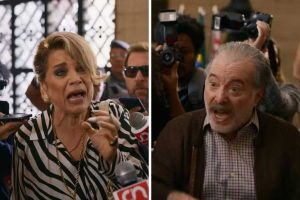Pilar (Isabel Teixeira) e Otoniel (Tony Ramos) fazem barraco no julgamento de Adriana (Letícia Colin) em 'Quem Ama Cuida'