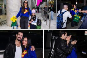 Nicolas Prattes recebe Sabrina Sato e Zoe no aeroporto a Japa distribui vuvuzelas