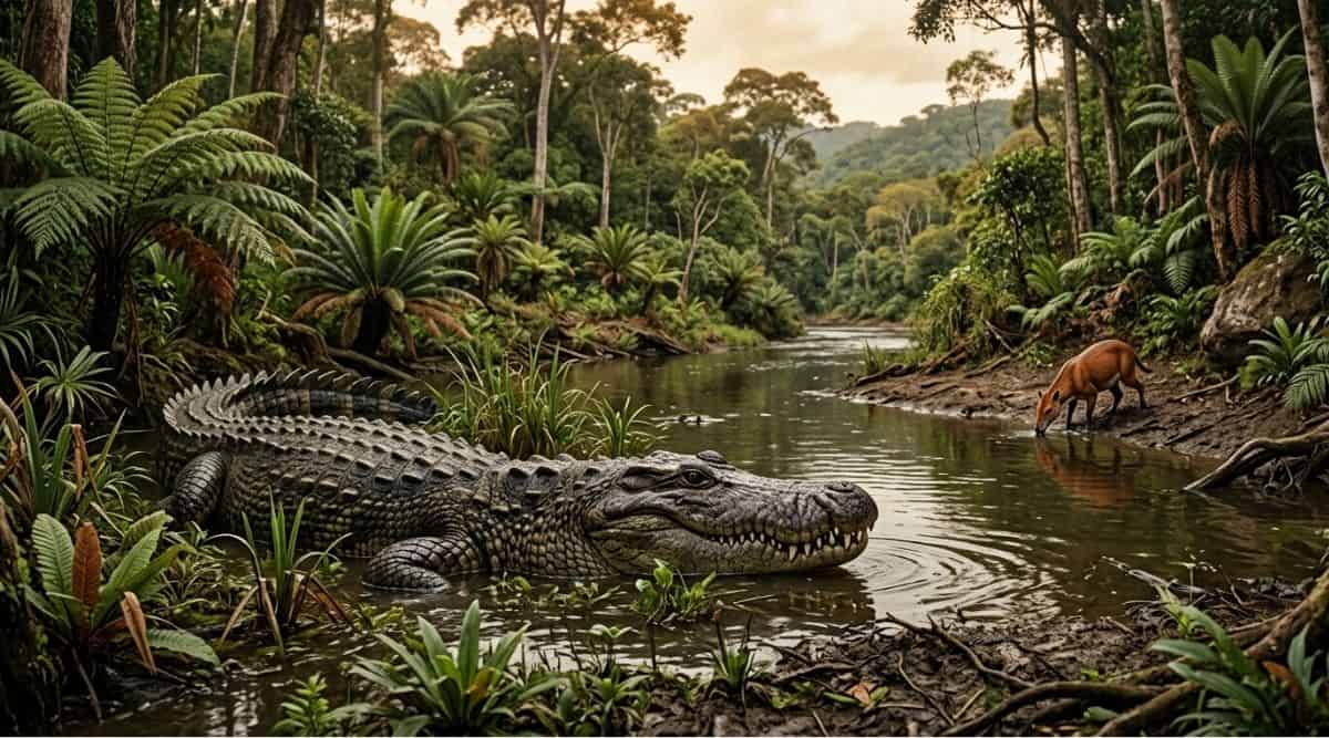 Há mais de 10 milhões de anos, crocodilianos gigantes dominavam os ecossistemas da América do Sul. (Imagem gerada por inteligência artificial/Gemini)