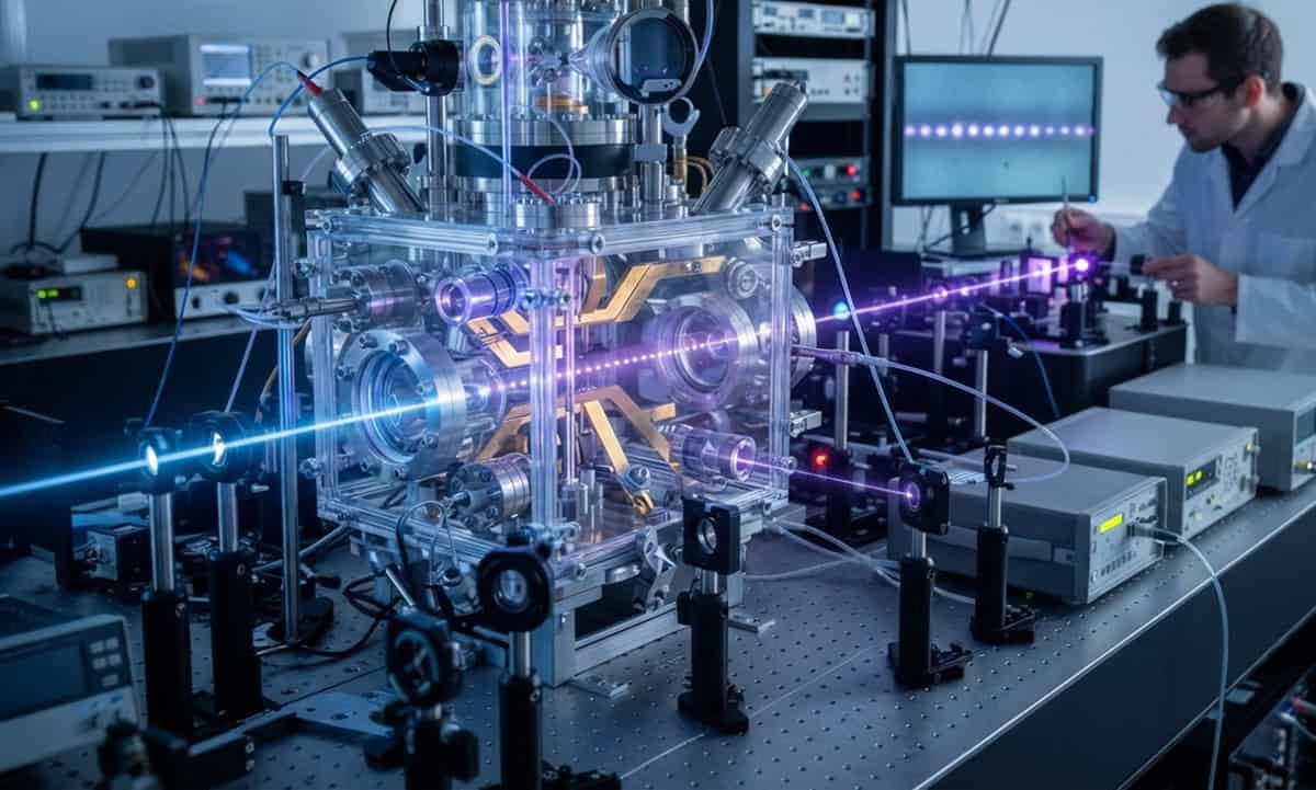 Pesquisadores do IFSC-USP utilizam lasers para resfriar e aprisionar íons de estrôncio dentro de uma câmara de ultra-alto vácuo, criando a base para a computação quântica no Brasil.