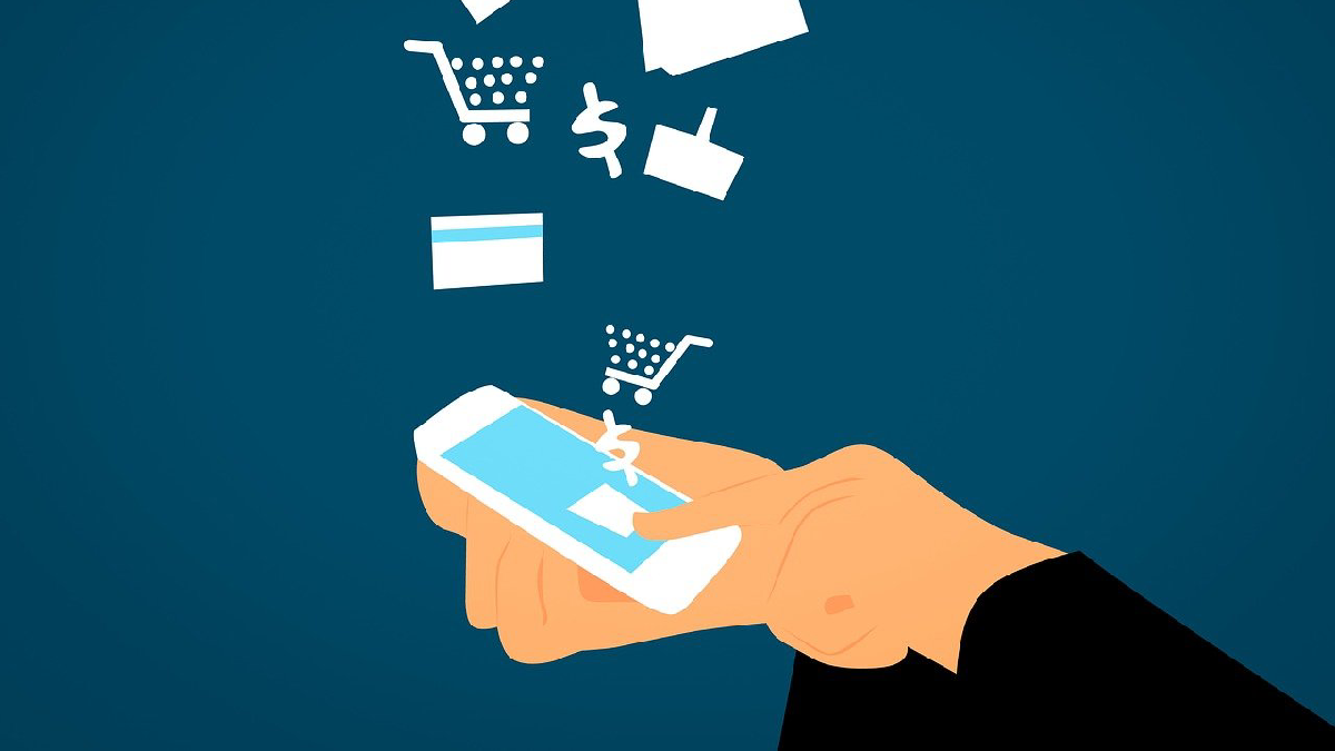 Arte com mão segurando celular e ícones de compras. Foto: PIxabay
